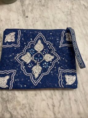 Beautiful Embroidered Navy Sequin and beaded Wristlet Clutch with White Accents